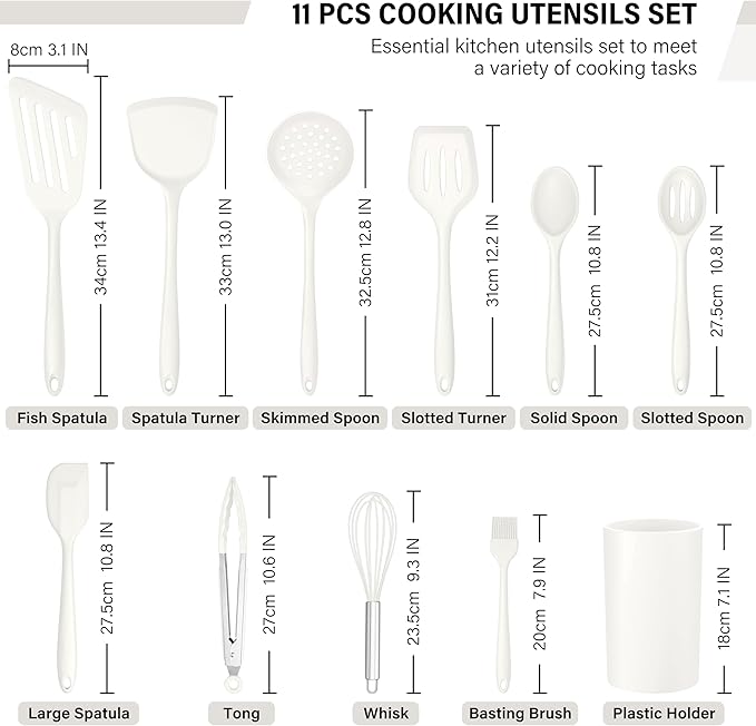 HaWare 11 PCS Silicone Cooking Utensils Set, Heat Resistant Kitchen Utensils with Holder, Food-grade Spatula Sets for Nonstick Cookware, Kitchen Tools Gadgets Include Fish Turner, Spoon (White)