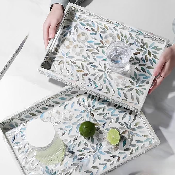 i-lan Set of 2 Mother of Pearl Serving Trays (16" & 14") with 2 Caviar Spoons – Rectangular Wooden Ottoman Tray with Sea Shell Inlay – Decorative Nesting Platters for Coffee Table, Vanity & Breakfast