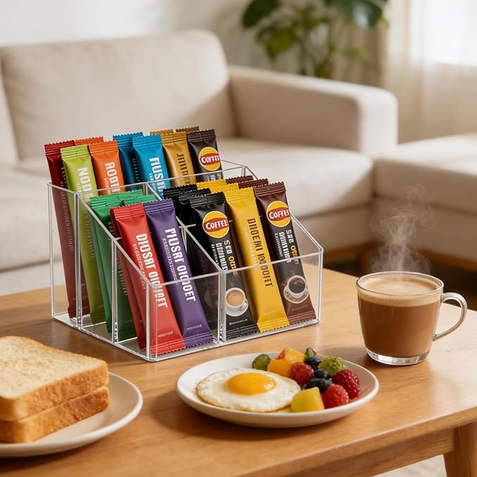 Water drink Packet Holder, Drink Packet Organizer, Water Flavor Packet Storage Container, Acrylic Water Flavor Storage Basket with Dividers for Storage Bins for Refrigerator Organizer Bins Cabinets