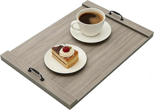 Rustic Wooden Serving Tray with Metal Handles, 30x22in Large Smoked Oak Decorative Ottoman Tray for Kitchen Countertop, Coffee Table, Breakfast, Dining Home Organization