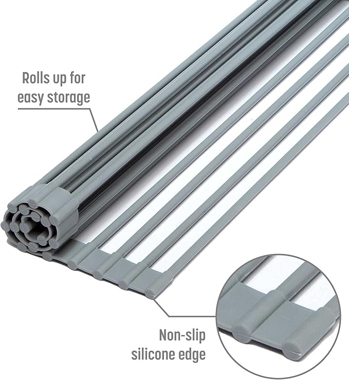 Goodful Roll Away Multipurpose Dish Drying Rack, Cooling Mat, Trivet, Easy Storage, Dishwasher Safe, Medium, Gray