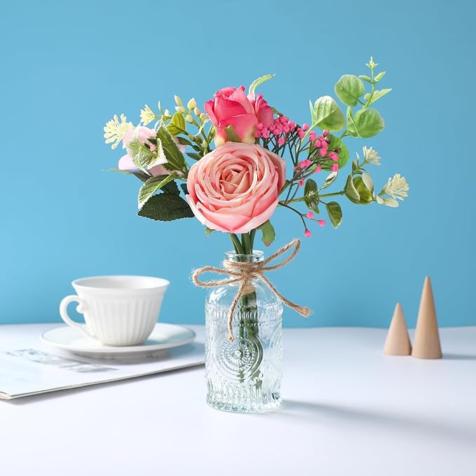 AFRITEE Flowers Bouquet in Small Vase - Pink Rose Artificial Fake Centerpiece Potted Flowers with Transparent Vase Set for House Dining Room Farmhouse Coffee Wedding Table