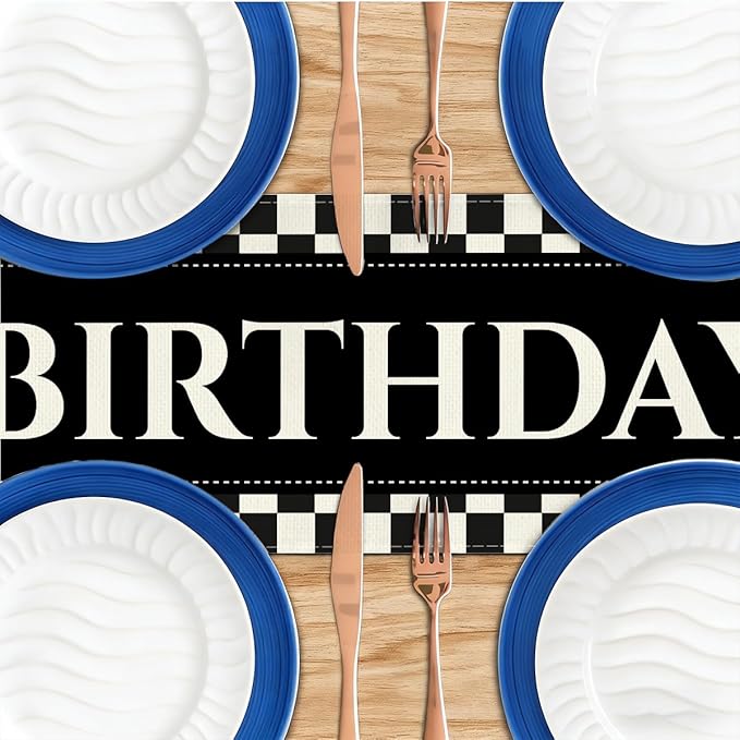 Black Checkered Happy Birthday Table Runner, Black and White Checkerboard Birthday Party Decorations 13x72 Inches Long Table Decor Suppliers for Home Racing Theme Party Decor