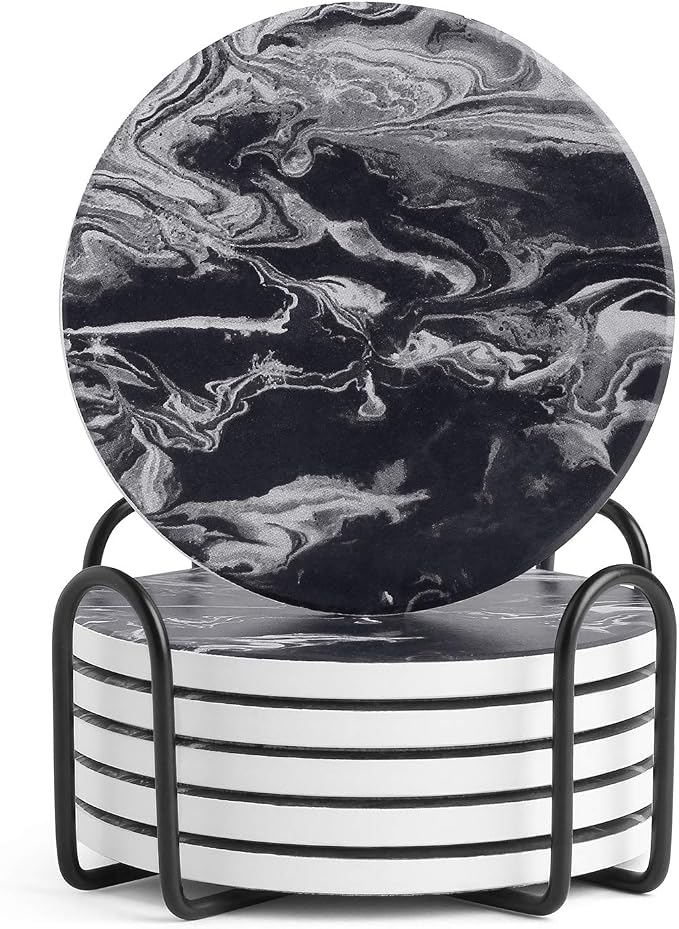 LIFVER Coasters Set of 6, Coasters for Drinks Absorbent Stone with Holder, Black Marble Style Ceramic Drink Coaster for Tabletop Protection, Coffee Table Decor Ideal for Home Decor House Warming Gifts