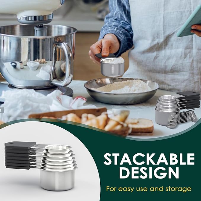 Magnetic Measuring Cups & Spoons Set, Heavy Duty 304 Stainless Steel, Double Measurement Markings, Strong N52 Magnet, Set of 16 with Leveler for Measure Dry & Liquid Ingredient, Dishwasher Safe, Black