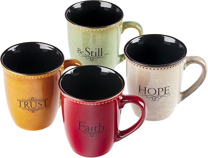 Christian Art Gifts Set of Four Rustic Stoneware Coffee/Tea Mugs w/Bible Verses Sage Green, Ivory, Paprika Red, Pumpkin Orange Inspirational Coffee/Tea Cup for Men and Women