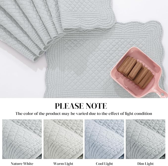 HOMBYS Quilted Placemats Set of 6 Washable-13x18 inches Rectangular Placemats for Kitchen Table-100% Cotton Fabric Rectangular Table Mats, (Light Grey)