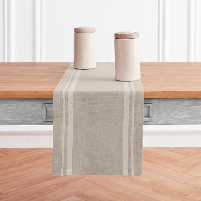 Solino Home Linen Table Runner 156 Inches Long - 100% Pure Linen White and Natural French Stripe Table Runner 14 x 156 Inch for Dining, Spring, Summer