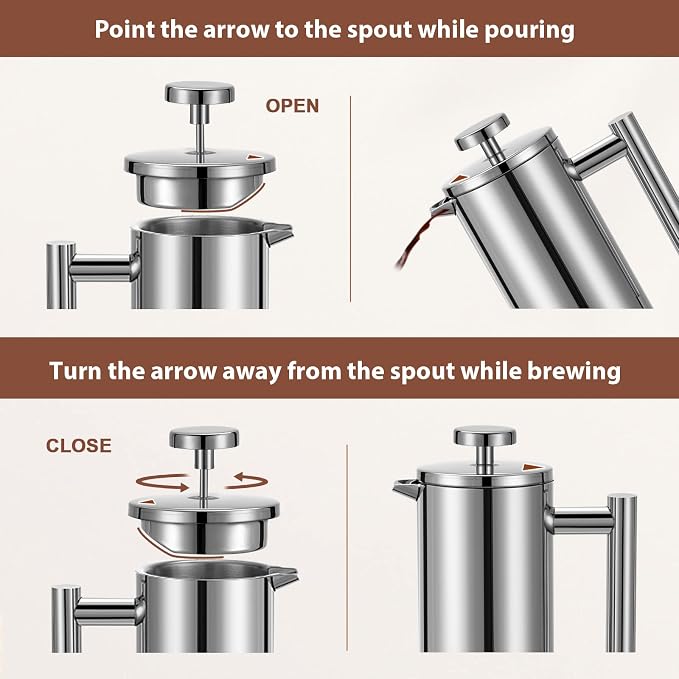 Small French Press 350ml Coffee Maker, Double-Wall Insulated French Press Coffee Press Stainless Steel, Included 2 Extra Fliters and 1 Coffee Spoon (1 cup, 12 OZ)