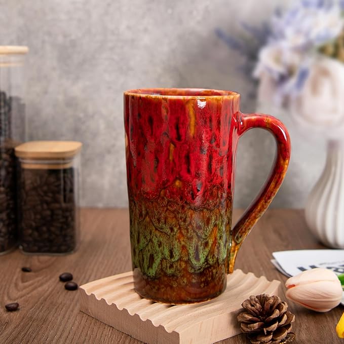 20oz Porcelain Coffee Mugs Set of 4, Large Tall Coffee Mugs with Handles, Modern Ceramic Coffee Cups for Tea, Cocoa, Milk, Gifts for Women Men - Red & Green