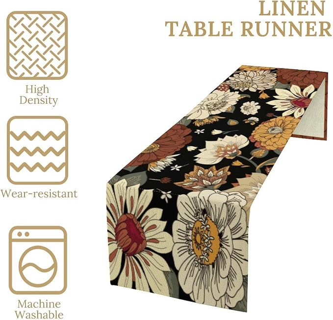 Boho Mandala Flower Table Runner, Vintage Rustic Hippy 70s Old Indian Botanicals Floral Leaves Table Decor Table Top Dining Kitchen Wedding Party 13x90 in