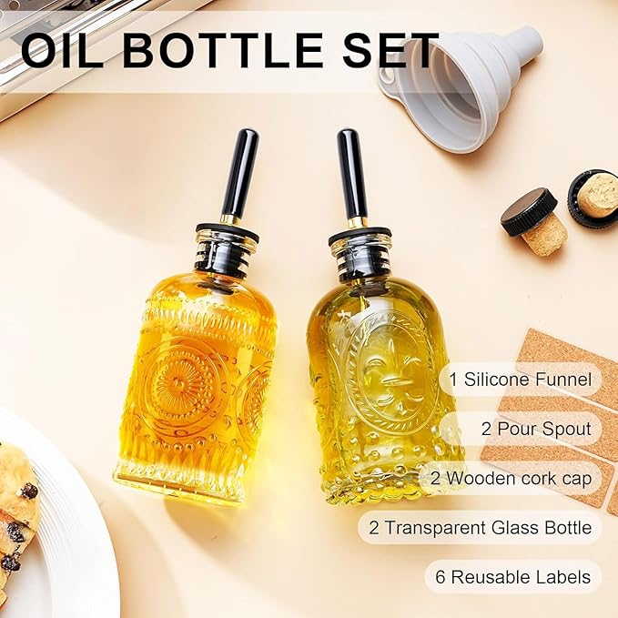 gegewawa Olive Oil Dispenser Bottle for Kitchen with Metal Spout, Glass Oil Bottles 7OZ, Elegant Glass Cooking Oil Dispenser for Kitchen-2pcs