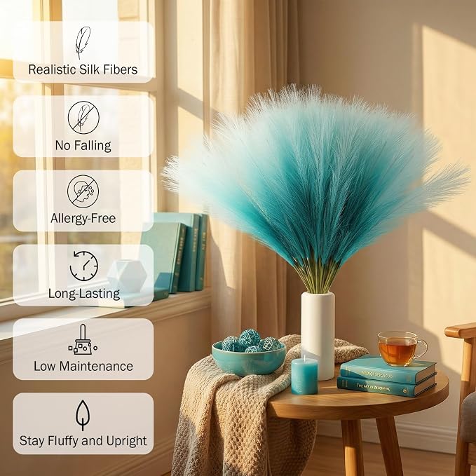 TORONTOKYO Light Blue Pampas Grass Decor, 50Pcs 21.6 inch Artificial Short Faux Pompas Grass, Boho Neutral Home Decor Bouquet for Floor Vase, Wedding, Party, Farmhouse, Bedroom Decor (Turquoise)