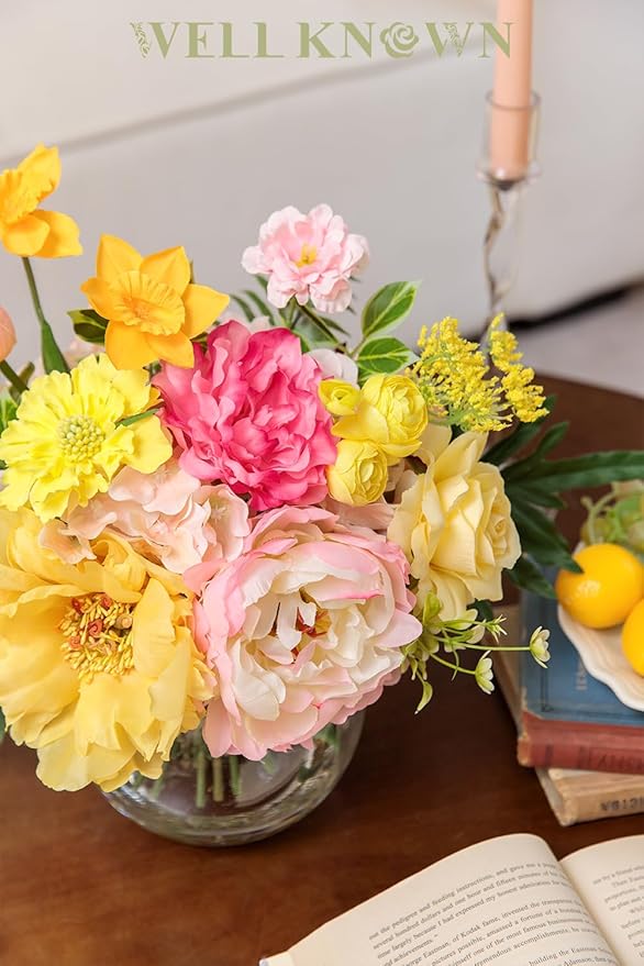 WELL KNOWN Artificial Flowers Centerpieces in Glass Vase with Fake Water, Yellow & Hot Pink Silk Rose Peony & Fake Tulips Bouquet for Birthday Party Wedding Dining Table Office Decor & Mom's Gift