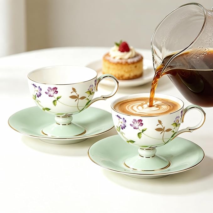 KAMMAK Ceramic Coffee Cups and Saucers Set of 2 – Handmade Porcelain Espresso Cups, 8.45 oz Bone China Tea Cup with February Orchid Pattern, Elegant Demitasse for Latte, Americano, Cappuccino