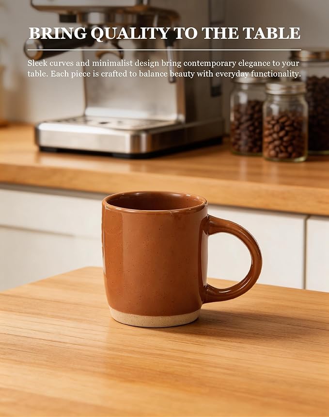 OTAGO Coffee Mugs for 6, 12 oz Mug Set, Partially Unglazed Base,Dringking Cup with Handle for Coffee, Tea, Cocoa, Milk, Brown