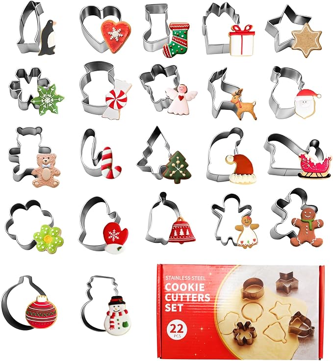 Christmas Cookie Cutter Set - 22Pcs Mini Cookie Cutters Variety Pack with Dough Scraper, Stainless Steel Cookie Mold for Biscuits, Fondant, Sandwiches and Pancakes