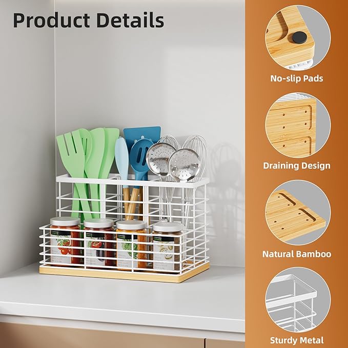 VITVITI Kitchen Utensil Holder for Counter, Large 4 Compartments Metal Bamboo Utensil Organizer, Farmhouse Cooking Utensils Holder Caddy for Countertop, White