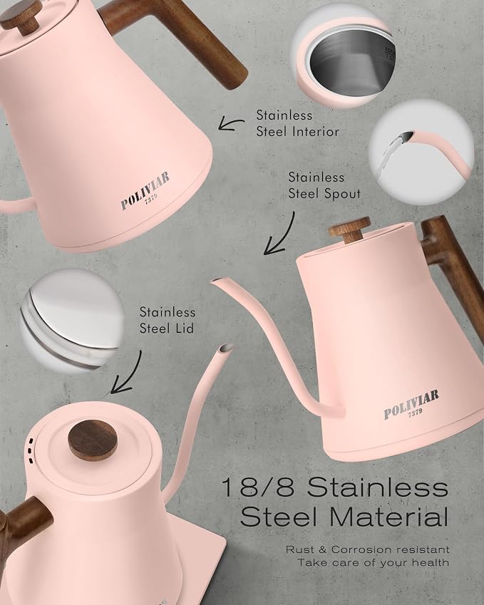 POLIVIAR Electric Gooseneck Kettle, 1200W Electric Tea Kettle Real Wood Handle, 34oz Pour Over Electric Kettle for Coffee & Tea, 18/8 Stainless Steel Inner, Temperature Control & Rapid Heating