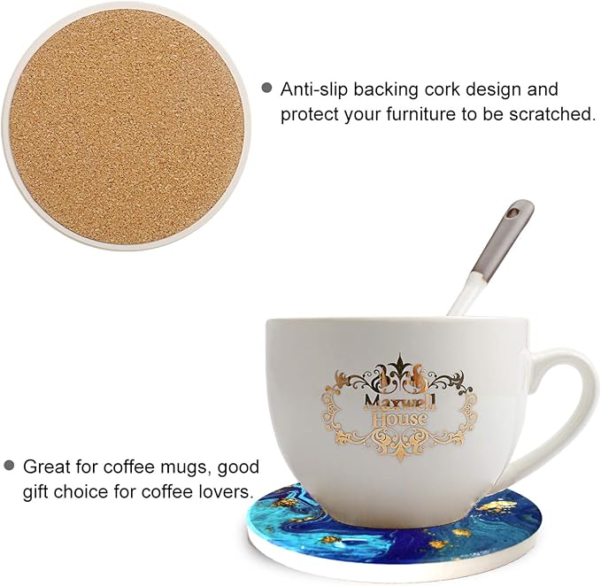 Blue Coasters for Drinks Absorbent Stone Coaster Set,Ceramic Cup Holder Coasters Coffee Mug Place Mats with Cork Base,Prevent Furniture from Dirty and Scratched,Ideal Home Decor|Mandala Style Set of 4
