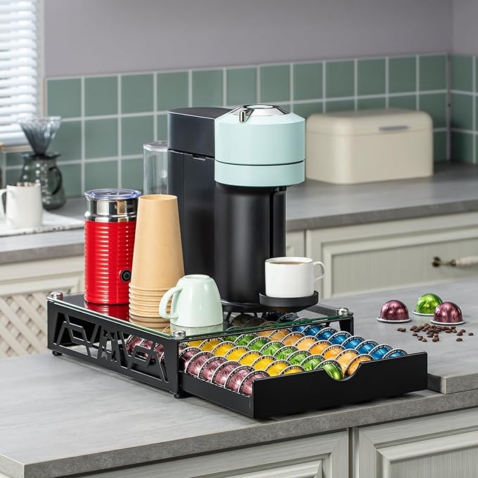 Nespresso Pod Holder Pod Drawer With Glass For Cabinet Vertuoline Pod Storage Rack For Counter，Black(50 Pods)