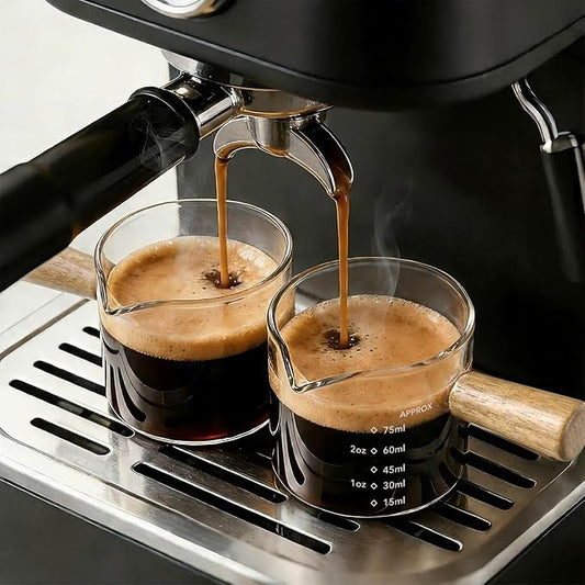 YARRAMATE Glass Espresso Shot Cup with V-Spout & Wooden Handle, 2.5oz (2Pk) | Precision Pouring, Heat Insulated Grip, High-Heat Stability, Dual-Scale Accuracy, Easy to Rinse Clean, For Coffee Baristas