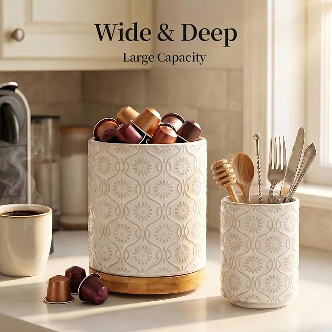 Newise Utensil Holder - Set of 2, Ceramic Kitchen Utensil Holder for Countertop, Large Utensil Crock with 360° Rotating Base, 6"+4" Embossed Cooking Storage and Decoration