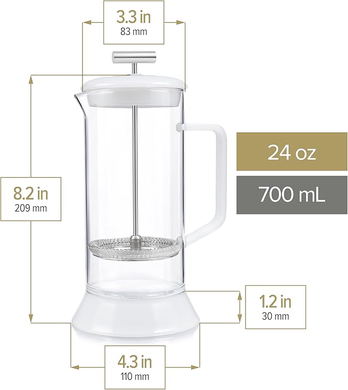Teabloom Toulouse Borosilicate Glass Tea Press and Coffee Maker with No Plastic, 24-Ounce (700 mL) - Frost White