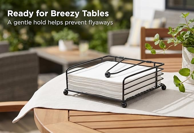 2Pack Napkin Holder for Table, Flat Napkin Dispenser with Weighted Arm, Square Cocktail Paper Holder of Elegant Rustic Iron for Kitchen Dining Room Decor Restaurant Farmhouse Hotel Party, Black