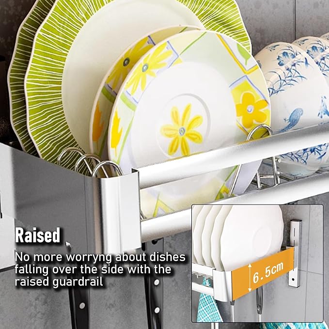 2 Tier Kitchen Dish Drying Rack, Hanging Wall Mount Dish Rack Organizer with Drain Tray and Cutlery Holder, Adjustable Stainless Steel Storage Shelf for Sink Area (31.5x11.8x19.7 in)