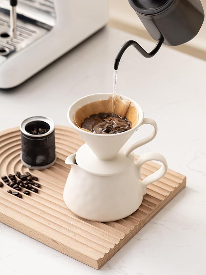 Pour Over Coffee Maker,Ceramic Coffee Maker With 40 pcs Paper Filter，15oz/450ml Ceramic Pour Over Coffee Dripper（Off White）