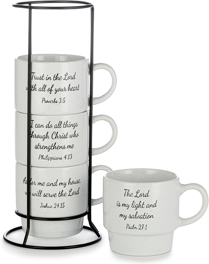 Signature Housewares Stackable Coffee Mug Tower Set with Metal Wire Rack - 15 Ounce Coffee Mugs for Coffee, Tea, Cocoa, Milk, Cappuccino, Hot Chocolate Set of 4 - Inspirational Bible Verses