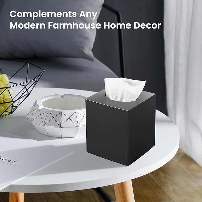 Tissue Box Cover, Square Modern Facial Acrylic Tissue Holder Napkin Dispenser Accessories for Bathroom Vanity Countertop,Bedroom Dresser,Night Stand,Desk,Office (Black)