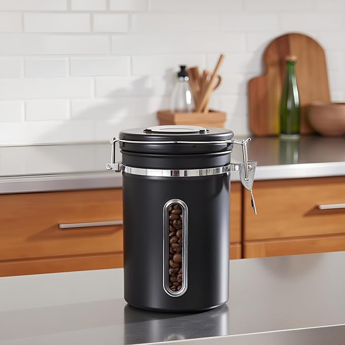 Coffee Canister with Window, 22OZ Airtight Stainless Steel Food Storage Container, Home Kitchen Sugar Organizers Jar with Scoop for Beans, Rice,Tea, Flour, Cereal, Black