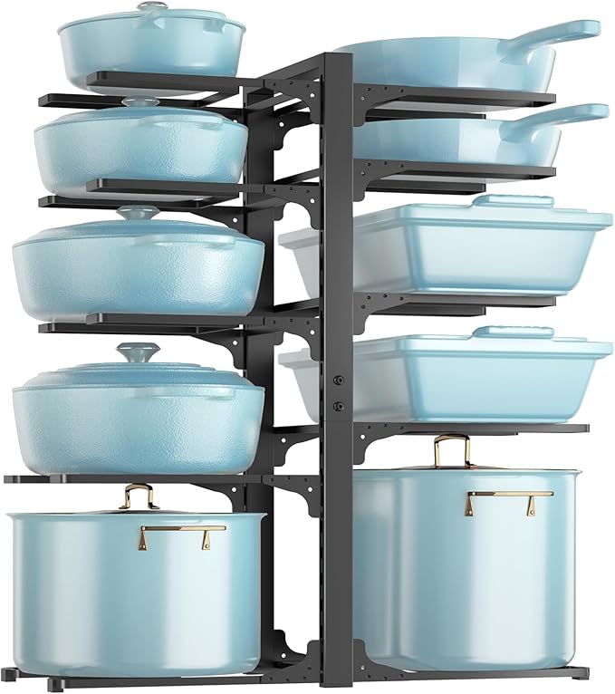 MUDEELA Pots and Pans Organizer Rack under Cabinet 23.62" Height, 10-Tier Adjustable Heavy Duty Pot and Pan Organizer Rack inside Cabinet for Kitchen Organizer Cast-iron Pans, Heavy Cookware
