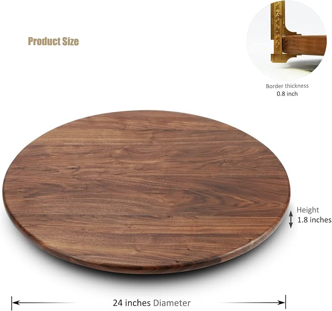24 Inches Black Walnut Wood Lazy Susan Organizer, Solid Wooden Round Turntable, Rotating Tray for Table Top/Counter Top