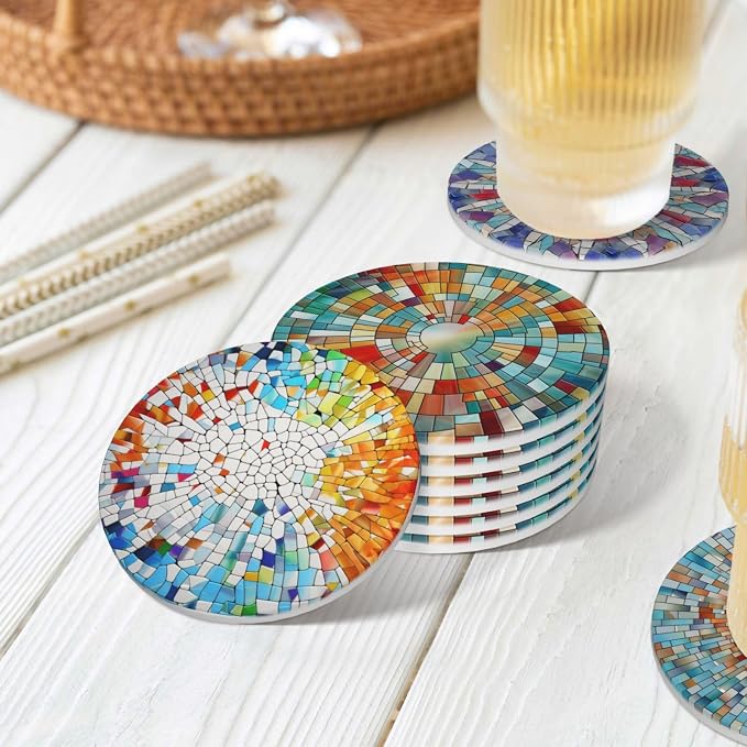 Coasters Set of 6, Coasters for Drinks Absorbent Stone with Holder, Colorful Glass Ceramic Drink Coaster for Tabletop Protection, Coffee Table Decor Ideal for Home Decor House Warming Gifts