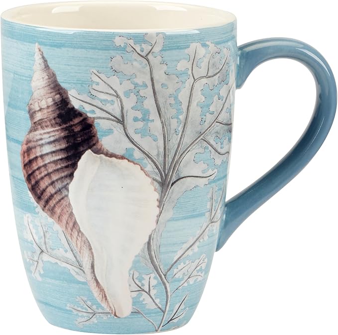 Beyond the Shore 20 oz Ceramic Mugs – Set of 4 with Coastal Shell and Starfish Artwork – Large Coffee or Tea Cups for Ocean Lovers – Dishwasher & Microwave Safe