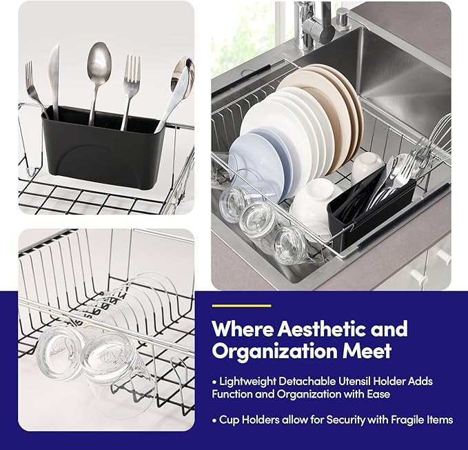 Dish Drying Rack Over The Sink Expandable to 24.5" Dish Drainer — Space-Saving Rectangular Kitchen Extending Drying Station with Utensil Holder, Fits Most Sinks for Easy Dish Organization, Black