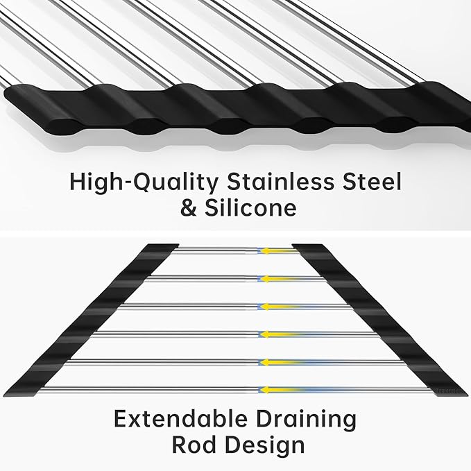 Tomorotec Adjustable Triangle Dish Drying Rack, Foldable Stainless Steel Over The Sink Kitchen Drainer Caddy Organizer Storage Shelf Holder, Corner Sink Caddy, Kitchen Sink Caddy (Black)