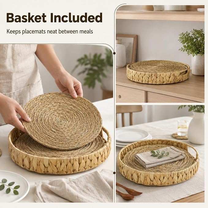 Woven Placemats Set of 6 with Water Hyacinth Basket, Round Natural Handwoven Place Mats Heat Resistant Table Mats for Dining Table Farmhouse Boho Kitchen Table Decor