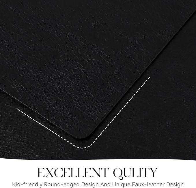 MOSAYT Vinyl Placemats Set of 6-12 X 17 Inch - Faux Leather 100% Waterproof Oil-Proof Wipeable PU Place Mats, Heat Resistant Reversible Table Mats for Kitchen, Dining, Outdoor, Black