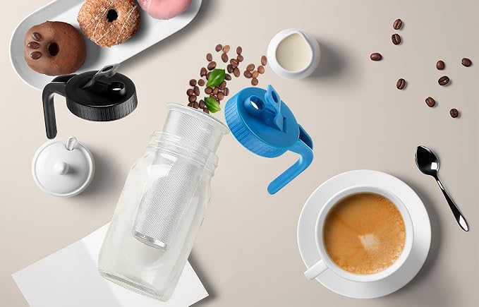 8pcs Set Cold Brew Mason Jar Coffee Maker Accessories，32/64oz Wide Mouth Mason Jar Replacement Include Stainless Steel Filter，Flip Cap Lid with Handle for Delicious Brewed Coffee，Infused Snarky Tea