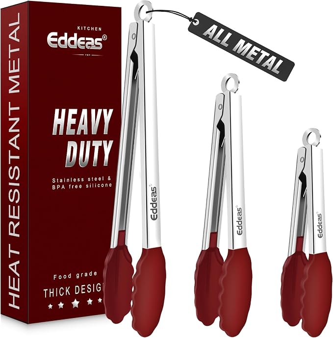 Tongs For Cooking - Silicone Metal Kitchen Tong 7" 9" & 12" Red | 600°F Heat Resistant Silicone Tong, All Metal handle Locking Tongs with Silicone Tips, Heavy Duty Stainless steel