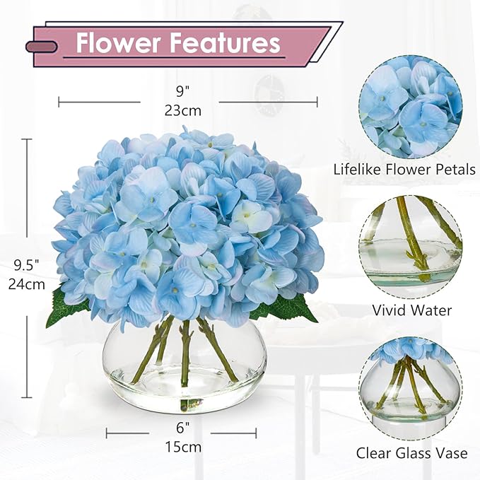 Hollyone Hydrangea Artificial Flowers with Vase Blue Silk Fake Flowers Arrangements in Glass Vase with Faux Water Faux Floral Bulk Bouquet for Home Decor Bathroom Table Centerpiece Shelf Decorations