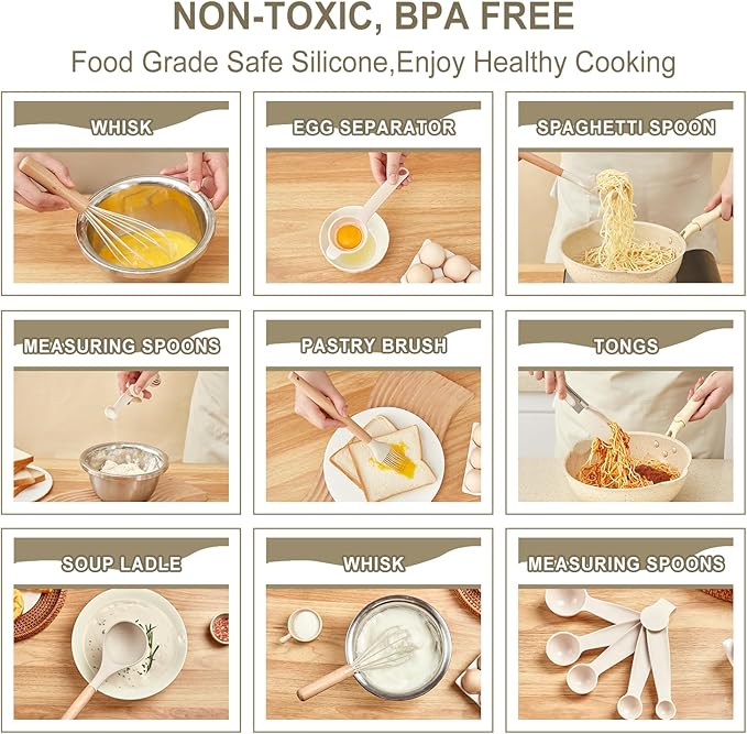 Kitchen Utensils Set - 34 PCS Non-Stick Silicone Cooking Utensils Set Spatula Set with Holder, Wooden Handle Spoon,Brush,Whisk Kitchen Gadgets Tools Set for Nonstick Cookware (Cream White-34P)