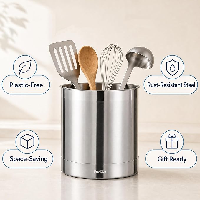 KSENDALO Stainless Steel Utensil Holder 7x7inch Large Utensil Holder for Countertop, Round Utensil Caddy for Spoons, Silverware, and Spatulas for Kitchen, Silver