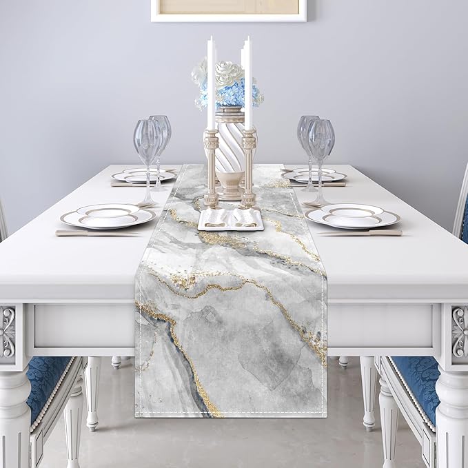 Marble Table Runner 13x71 Inch Gold Grey Table Dresser Runners Modern Table Decorations Coffee Table Runner for Home Kitchen Dining Room (Grey & Gold71)