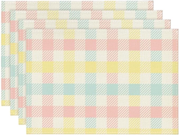 Niviy Buffalo Plaid Blue Pink Yellow Spring Easter Placemats Set of 4, 12x18 Inch Table Mat Easter Placemat Decor for Holiday Party Kitchen Dining Room Decoration