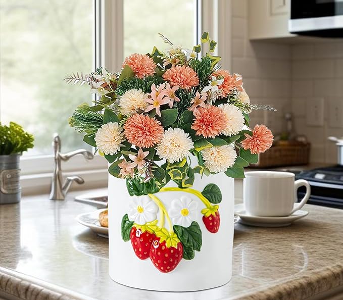 dgudgu Strawberry Kitchen Utensil Holder for Countertop Ceramic Utensil Crock for Kitchen Counter with Carved Strawberry Vine Design White Farmhouse Countertop Organizer for Spoons,Spatulas(white)